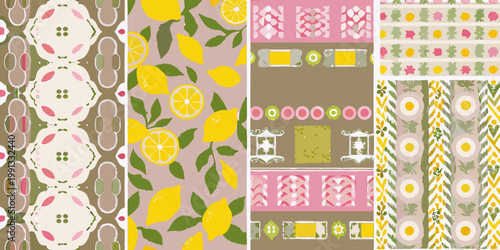 Colorful patterned backgrounds featuring fruits florals and decorative elements