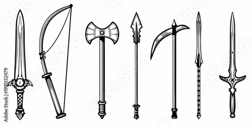 A collection of vintage medieval weapons displayed in a monochrome style