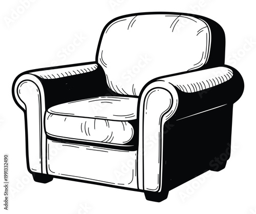 Classic comfortable armchair black outline drawing suitable for interior design projects and home furnishing advertisements
