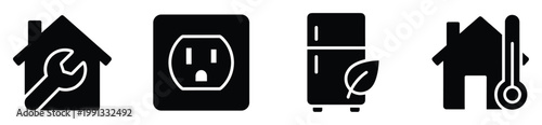 Household services icons showing home repair, electricity, eco refrigerator, and temperature control for residential management.