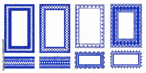 Collection of ornate blue and white patterned rectangular frames