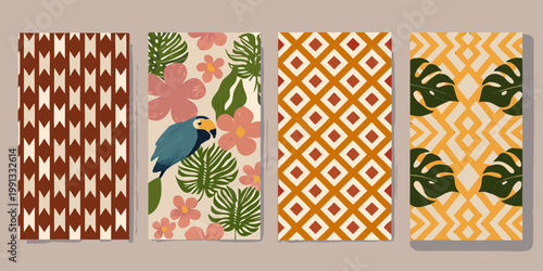 Four patterned panels featuring tropical motifs and a toucan bird