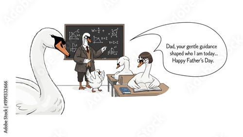 Swan Father's Day: A tender scene of swan father's day, with a father swan addressing his son with words of gratitude, surrounded by a humorous setting of swan family.