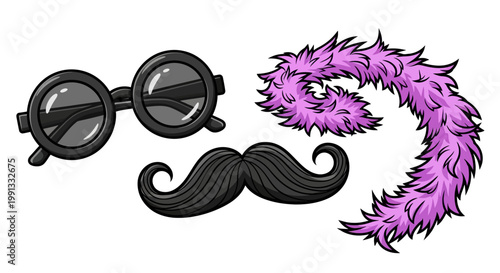 Cartoon illustration of black glasses mustache and purple feather boa