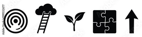 Business development icons representing goals, growth, strategy, and progress for corporate presentations