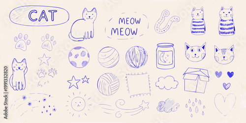 A playful doodle collection featuring cats paw prints and colorful toys