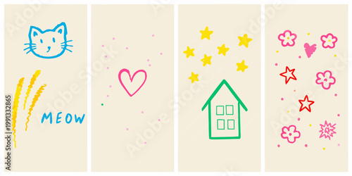 Colorful childlike drawings of a cat heart stars house and flowers