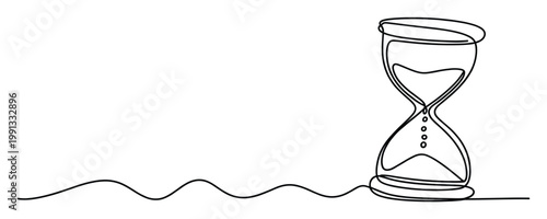 Monochromatic continuous line hourglass with flowing sand, visually conveying elapsed time and patience for modern infographic designs and web pages.