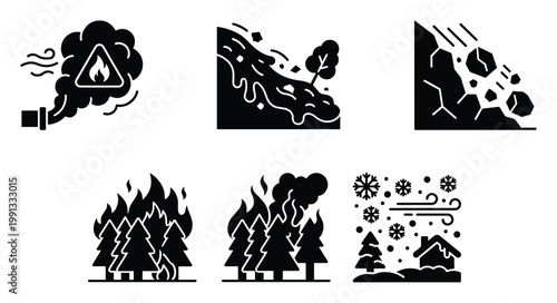 Collection of natural disaster and environmental hazard glyph icons for safety alerts and public awareness