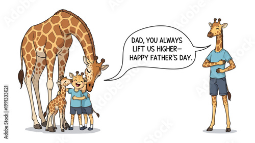 Father's Day Giraffe Family Illustration: A heartwarming illustration of a giraffe family celebrating Father's Day, emphasizing the special bond between father and children.