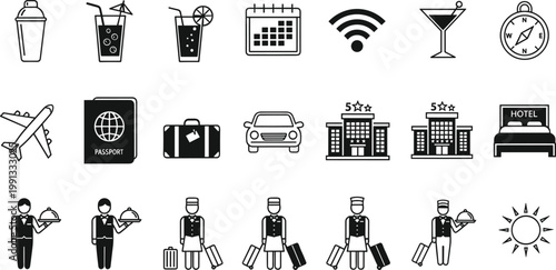 Travel and hospitality icon set with airport hotel service symbols vector illustration collection silhouette design style
