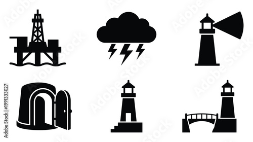 Marine industry and coastal guidance icons lighthouses, oil rig, storm for themed graphic designs.