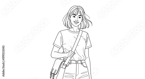 Young woman with a bag looking at the camera, drawing style.