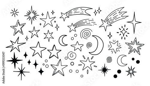 Hand drawn collection of various outline stars, moons, and comets useful for celestial graphic design projects