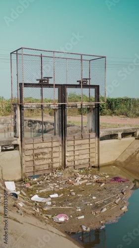Concrete irrigation canal with a metal sluice gate and garbage in a rural landscape under a clear sky