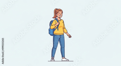 Young woman with backpack walking, focused on the main subject, ready for school.