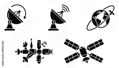 Modern satellite and space technology icons representing global communication and data transmission for science and education resources.