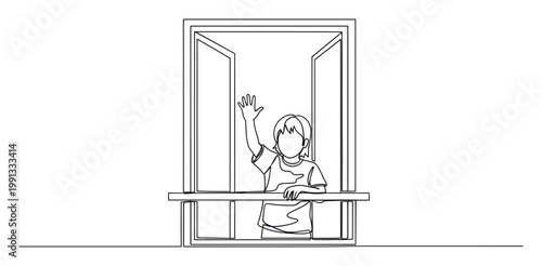 Happy child waving hand from open window symbolizing greetings hello goodbye or welcome concepts for various communications