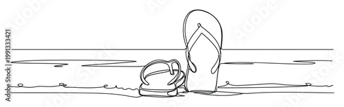 Continuous line drawing of summer beach flipflops by the ocean for travel and vacation promotions