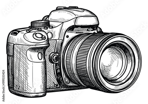 Detailed handsketched camera with lens for photography enthusiasts seeking unique visual assets and design resources