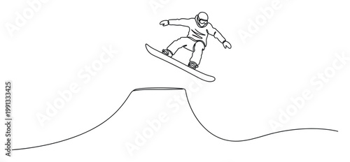Minimalist single line drawing of a snowboarder performing a jump over a snow ramp for extreme sports content.