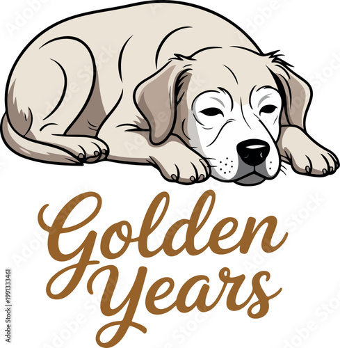 Sleeping dog with text Golden Years resting animal