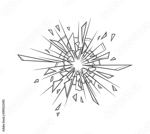 Abstract radial pattern of shattered glass fragments and sharp lines