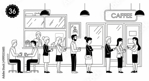 People queuing at a busy cafe counter for coffee and drinks.