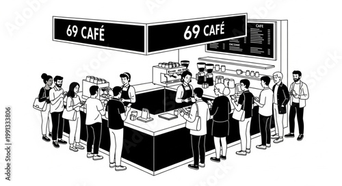 People queuing at a busy cafe counter with signage.