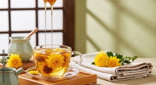 Chinese chrysanthemum tea with honey in glass teacup