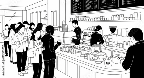 People queuing at a cafe counter for drinks and food.