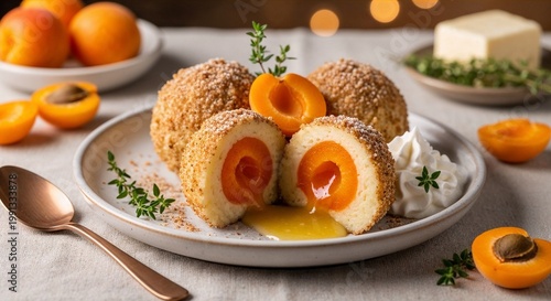 Austrian Marillenknödel apricot dumplings on ceramic plate