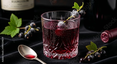 French crème de cassis in vintage cut-crystal glass in elegant macro beverage photography with ruby liqueur