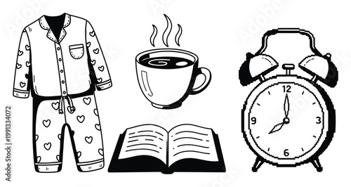 Pajamas hot coffee an open book and an alarm clock represent a cozy morning routine for lifestyle content