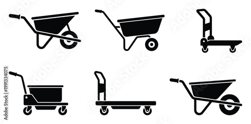 Collection of diverse handcarts and wheelbarrows for various logistics, construction, and gardening applications