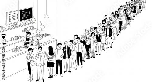 People standing in a long queue at a counter.