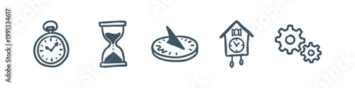 History of timekeeping and horology icons featuring sundial, hourglass and clocks