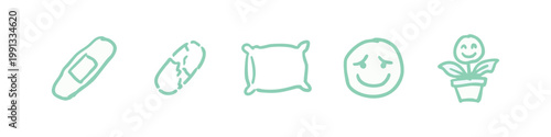 Medical and Wellness Hand Drawn Icon Set with Bandage Pill Pillow Smiley and Potted Plant