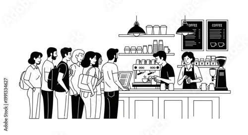 People waiting in line at a coffee shop counter.