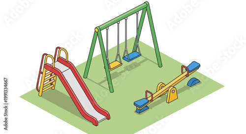 Isometric illustration of children playground equipment with slide swings and seesaw.