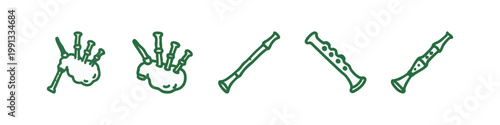 Traditional Woodwind Musical Instruments Icon Set with Bagpipes and Flute