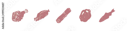 Meat and Protein Hand Drawn Icon Set with Chicken Leg Steak Bacon and Fish