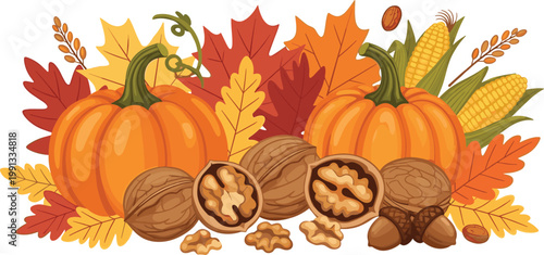 Autumn Harvest Composition with Pumpkins, Walnuts, Corn, Acorns, and Colorful Fall Leaves for Seasonal Design, Thanksgiving Themes, and Organic Food Illustration