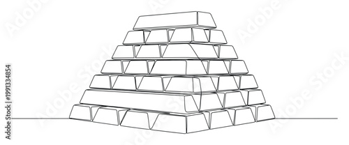 One continuous line drawing depicting a golden pyramid of precious metal ingots symbolizing prosperity and success for financial industry applications