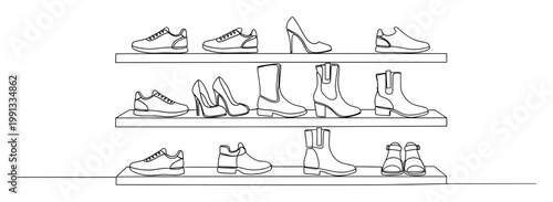 Continuous line drawing of diverse footwear displayed on shop shelves, perfect for fashion retail marketing and web visuals.
