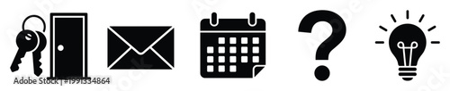 Versatile black and white icon set representing home access, digital correspondence, time management, queries, and innovative thoughts for diverse applications