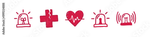 Hand-drawn icons: siren, broken cross, heartbeat, ambulance light