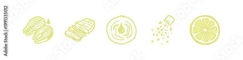 Hand-drawn food icons: salmon, onion, salt, lemon slice in yellow