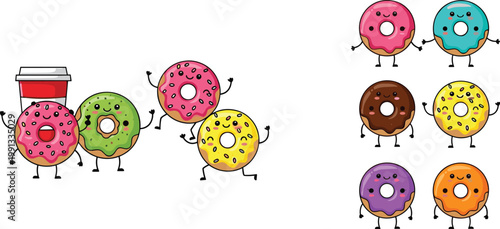 Cute donut cartoon characters set with colorful sweet pastries and kawaii dessert vector illustration