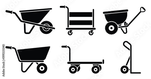 Icons of various utility carts and wheelbarrows for material handling, construction, and gardening solutions.